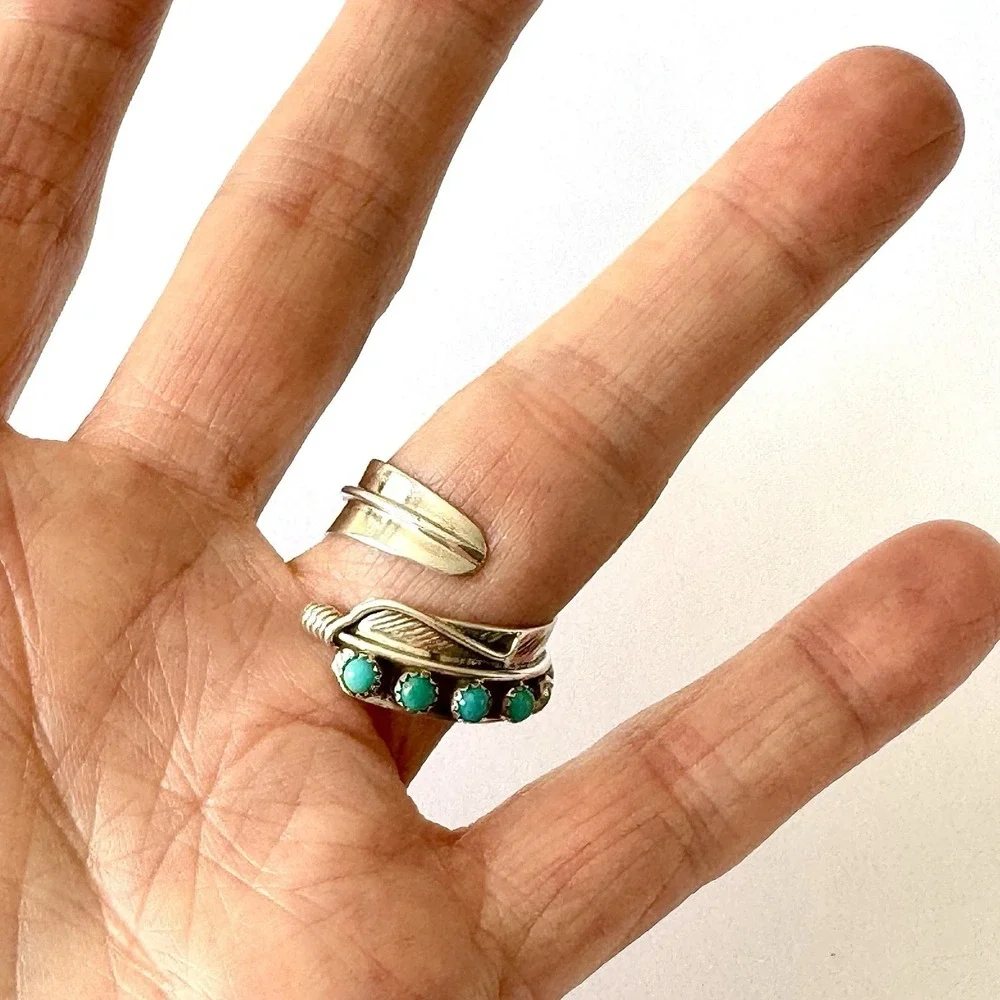 Navajo Turquoise Wrap Ring Feather‎ Sz 6 Adjustable Bypass Sterling Signed AD